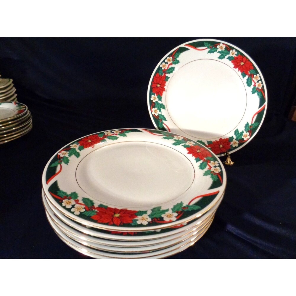 Lot of 12Tienshan Deck The Halls Dinner 10” Plates Poinsettia Christmas NEW